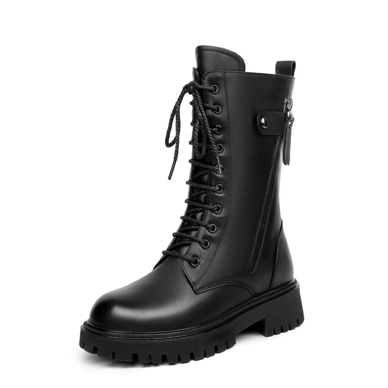 

Plus Size 35-43 Genuine Leather Motorcycle Ankle Boots Zipper Buckle Lce Up Black Wool Warm Winter Snow Boots Shoes