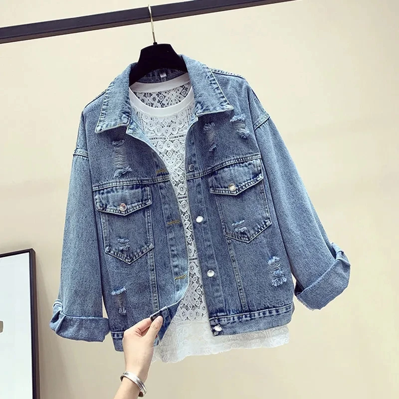 2024 Denim Jacket Woman Short Style Clothing Retro Topcoat Pocket Buttons Long Sleeved Warm Tops Loose Fitting Bomber Jackets