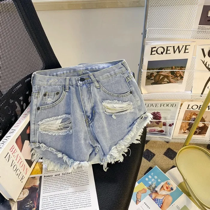 2025 Summer New Women's Sexy Low-waisted Denim Shorts Korean Hole A Wide-leg Jean Shorts Blue Black White Шорты