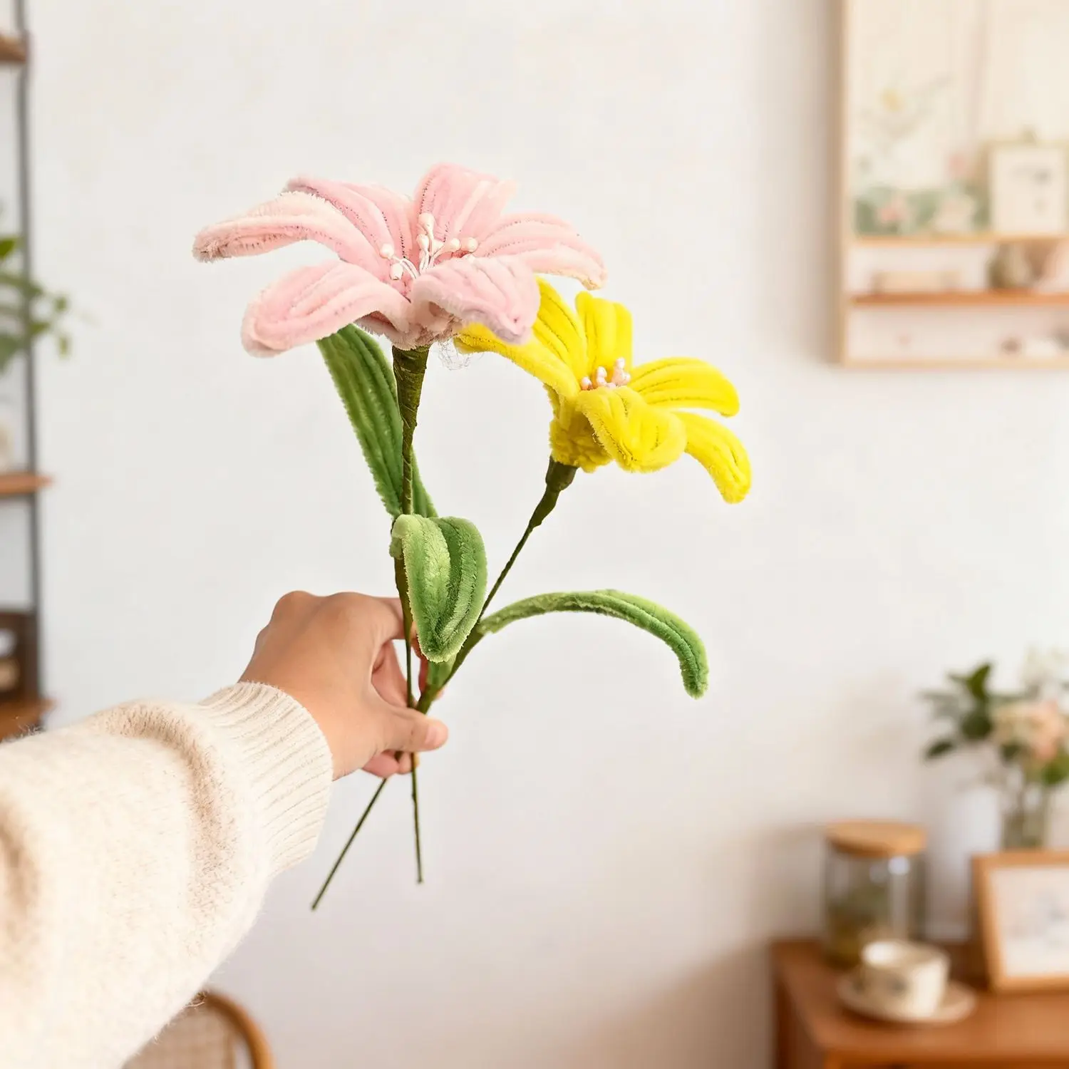 5Pcs Lily DIY Artificial Flower Chenille Stem Fluffy Wire Pipe Cleaners Twist Stick Children Educational Toys Creative Handcraft