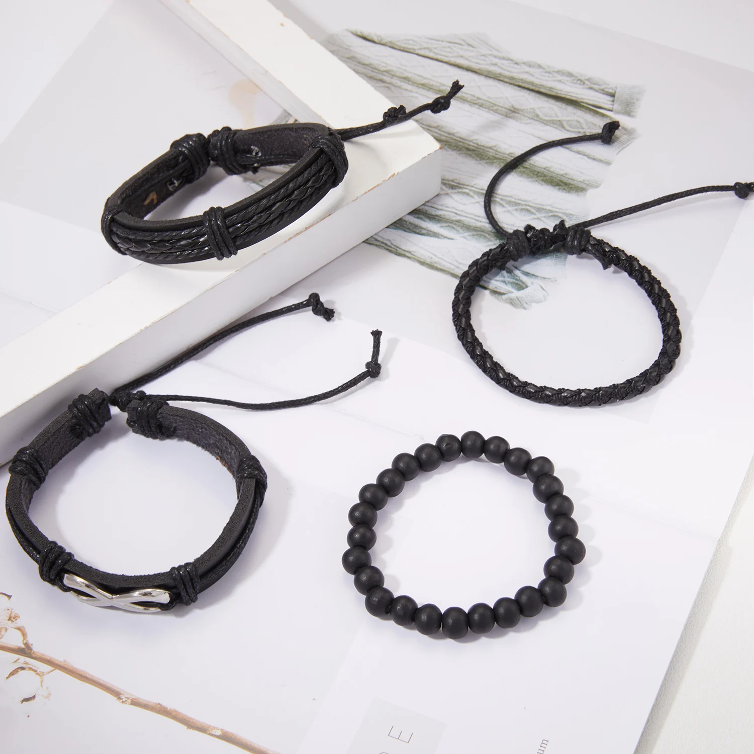 4Pcs/Set Braided Wrap Leather Bracelet for Men Women Vintage Yin Yang Infinity Wood Beads Charm Bracelets Male Wristband Jewelry