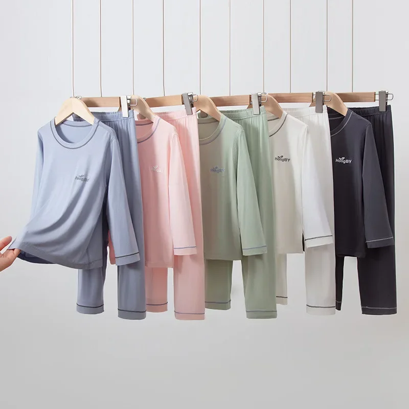 Children's Sleepwear Boys' Solid Color Cotton Long Sleeved Pants Summer Girls' Home Clothes Set Baby Air Conditioning Suit
