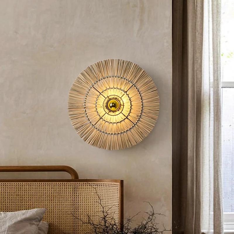 Southeast Asian handmade woven wall sconce retro bedside lamp restaurant balcony corridor round interior decorative wall lamp