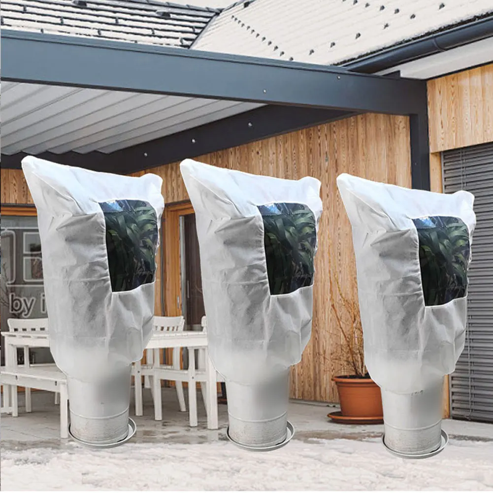 2Pcs Garden Antifreeze Plant Cover With Visual Window Drawstring Style Flower Pot Plant Winter Warm Non-woven Fabric Cold Cover
