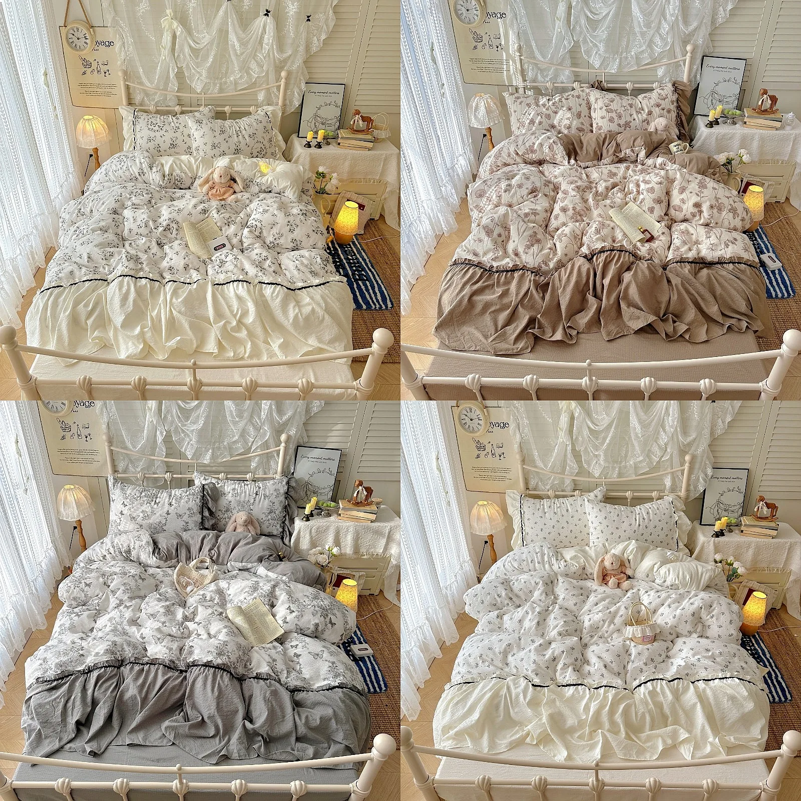 Puff Flower Edge Quilt Cover 4 Piece Set Korean French Lazy Style Princess Bedding Dormitory Bedroom Duvet Cover Set