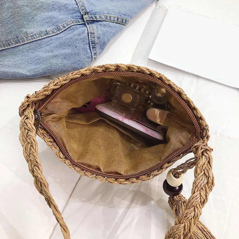 Hollow Handmade Woven Straw Crossbody Shoulder Bag Women Vintage Girl Beach Tassel Straw Bag Mini Mobile Phone Purse Coin Purse