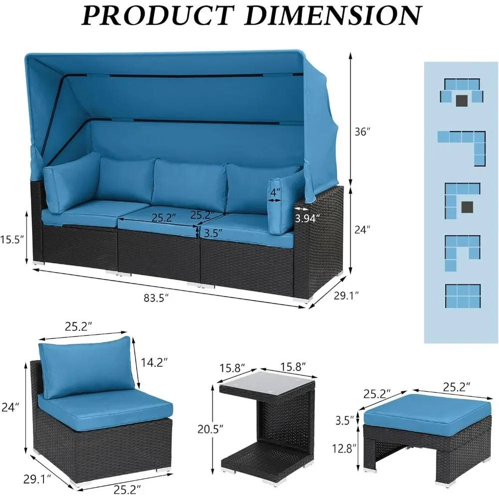 Rattan Furniture Daybed with Canopy7Pieces Outdoor Day Bed Wicker Sectional Sofa Set Patio Furniture Set with AdjustableBackrest