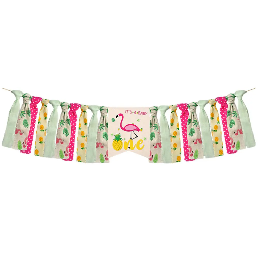1Pcs Hawaiian Party Banner Pineapple Flamingo Tropical Theme Linen Bunting Decoration for Home Office Birthday Celebration Party