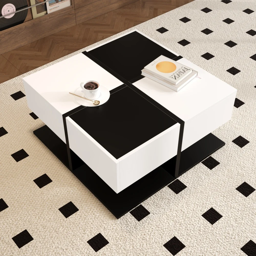 Moderner quadratischer Couchtisch in Schwarz und Weiß mit Stauraum und Schubladenschienen, 70 x 70 x 35,5 cm – Detail 2
