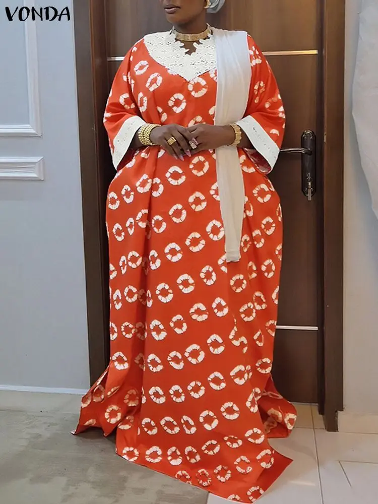 Plus size 5xl vonda boêmio impressão vintage maxi robe feminino vestidos longos com decote em v 3/4 manga rendas retalhos vestidos de festa casuais