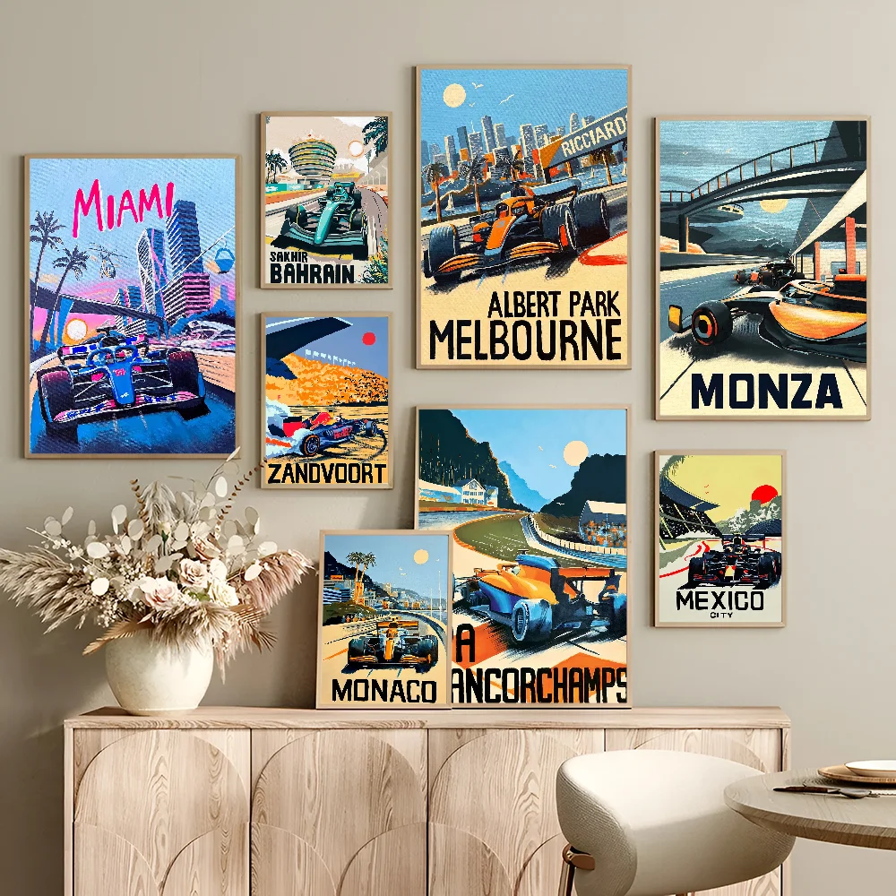 F1 Neon City Watercolor Racing Car Poster Anime Posters Sticky HD Quality Wall Art Retro Posters for Home Kawaii Room Decor