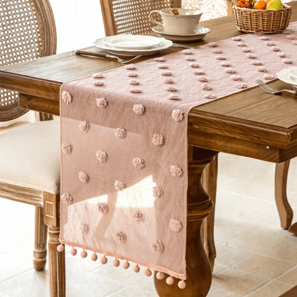 INS Style Nordic Style Lace Table Runner with 3D Pom-poms Gauze Dining Table Cloth French-style Rectangular Bookcase Cover Party