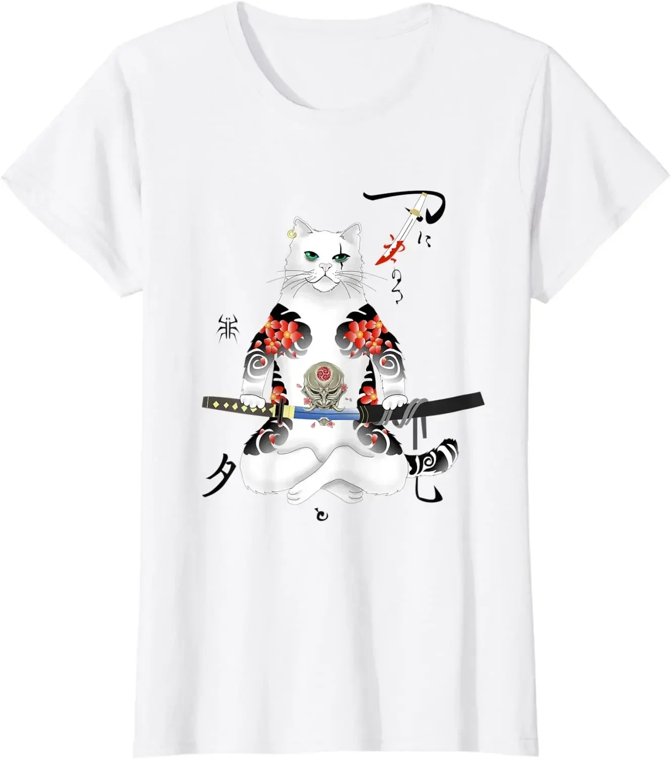 Japanese Samurai Cat Katana Yakuza Tattoo T-Shirt Four Seasons Casual Cotton Casual Harajuku Vintage T Shirt