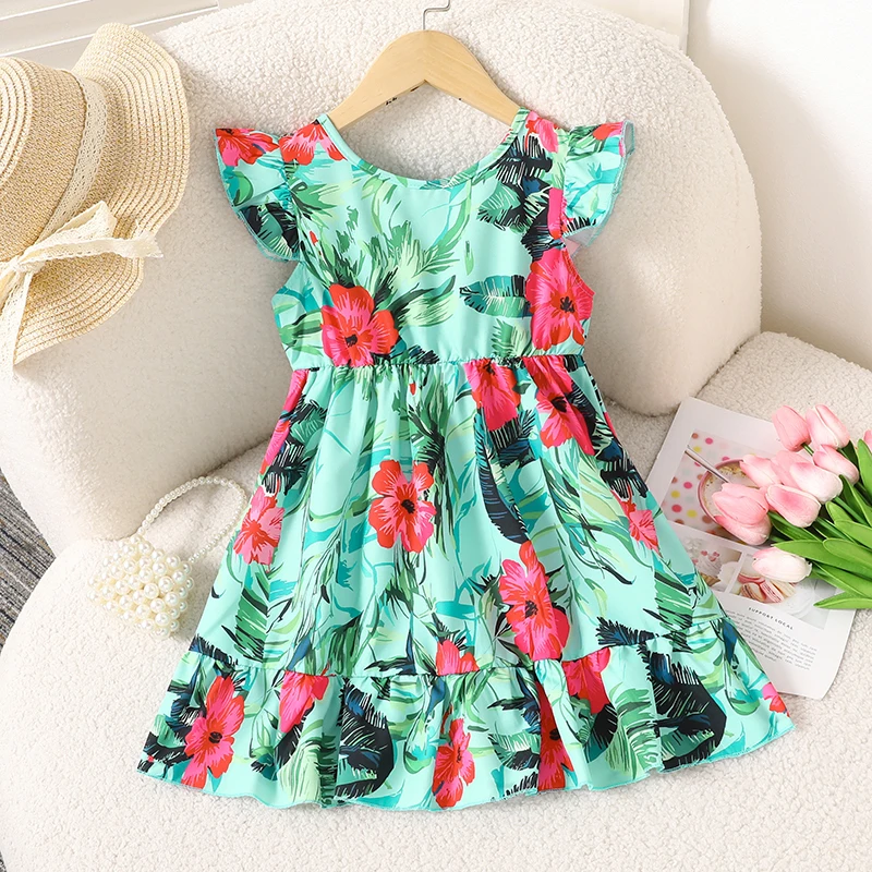 Hibiscus Leaf Pattern Girls Summer Dress 4-7 Years Round Neck Flutter Sleeve Back Cutout Bow A-Line Sundress
