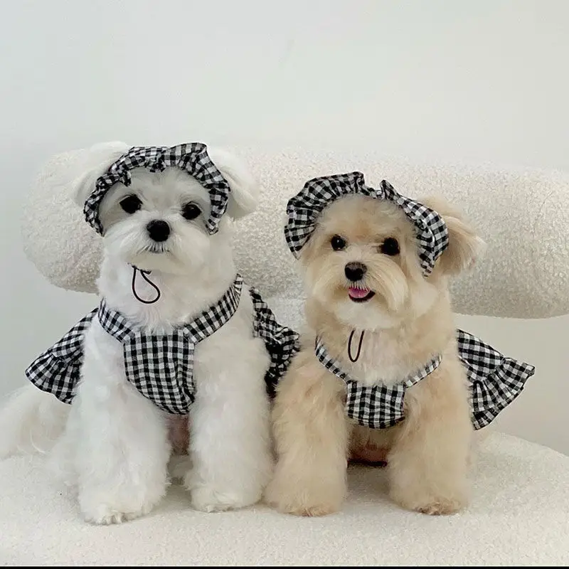 Camicia Plaid Strap Dress Little Dog Clothes primavera/estate nuovi vestiti carini Big Bear Teddy Small Puppy Clothes Cute Dog Sun Hat