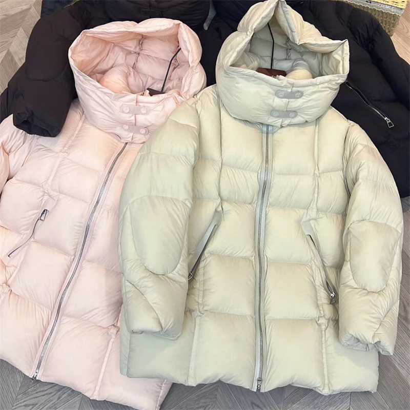 شتاء جديد وصول المرأة منتفخ سميكة الدافئة مقنعين أسفل سترة عالية الجودة موضة عادية فضفاض تنوعا الأبيض بطة ريشة معطف #1