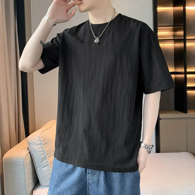 2026 New Arrival Men's Teen Boys Casual Loose Fit Jacquard Pleated Textured Short Sleeve T-Shirt Trendy Versatile​