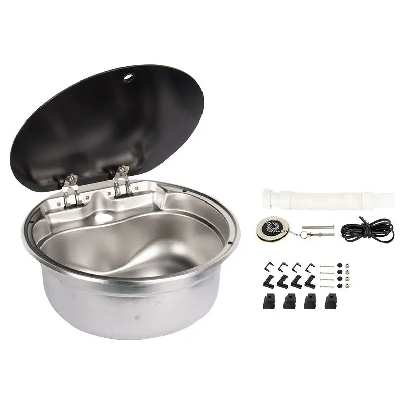 Round Camping Sink RV Kitchen Stainless Steel Foldable Faucet Swivel RV Kitchen Trailer Round Motorhome Sink