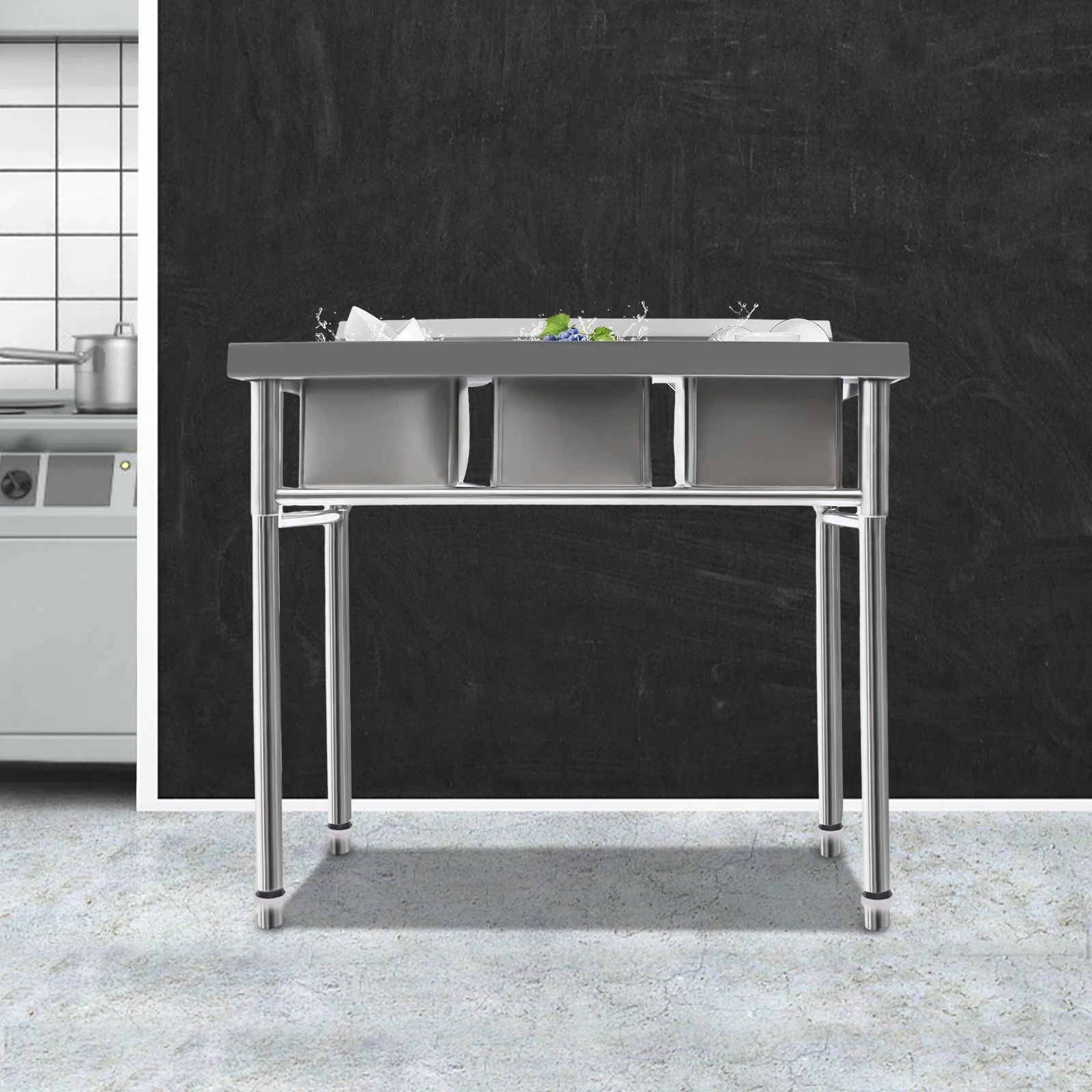 

Bymaocar 3-Compartment Public Commercial Stainless Steel Utility Sink,Free Standing High-capacity Laundry Basin with Two Faucets