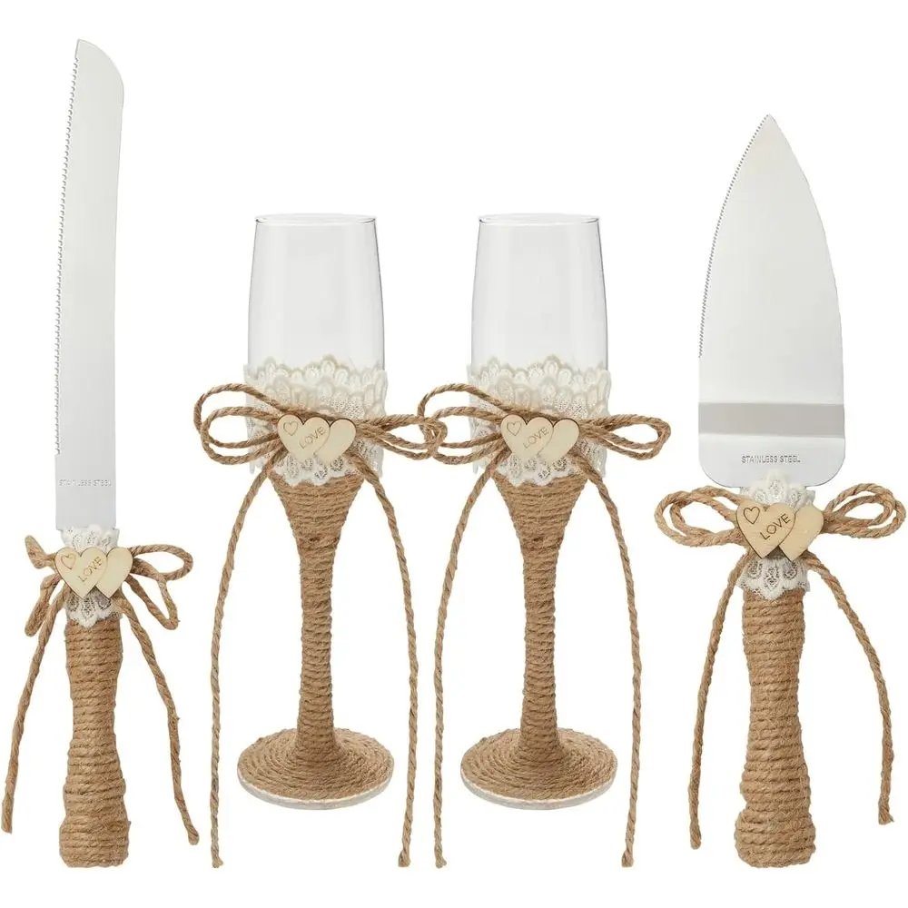 

Rustic Cake Knife & Server Set with Champagne Flutes - Brown Wood Handles