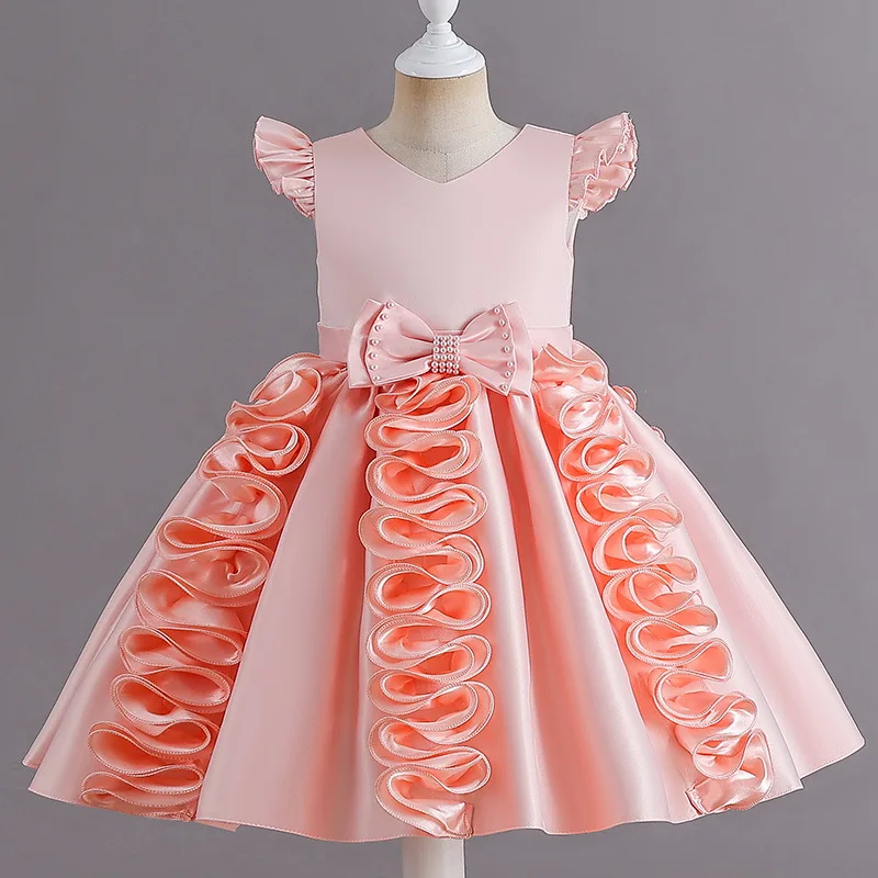 

Children's first birthday dress, satin 2025 new style girl princess puffy dress, baby birthday catwalk performance dress