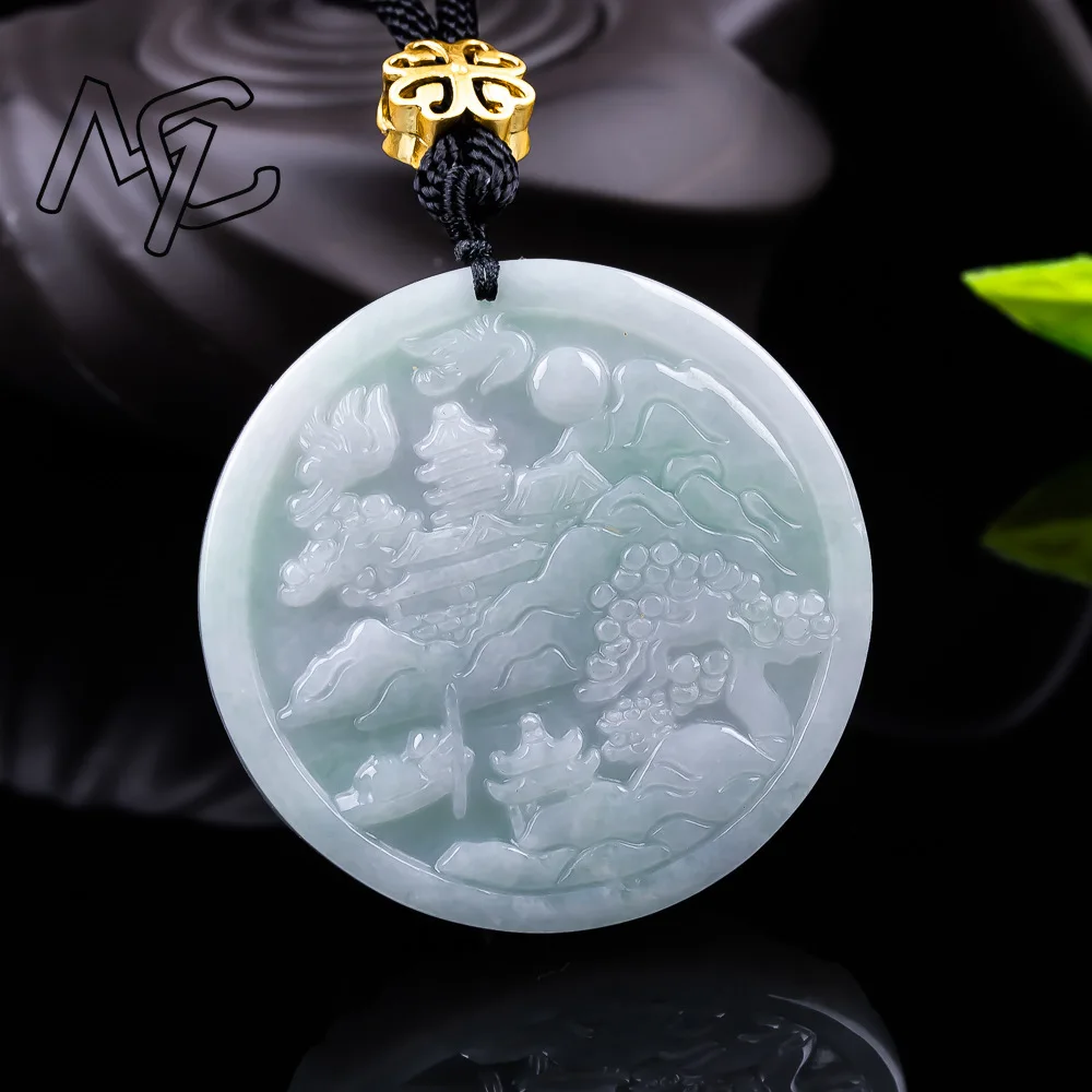 Real Jade Natural Emerald Double-sided Mountains Waters Pendant Necklace Carved Charm Jadeite Jewelry Fashion Charm Amulet Gifts view 4
