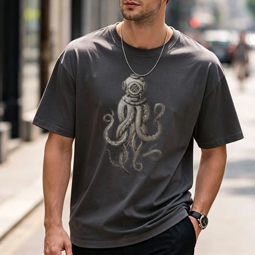 Giant Octopus Diving SCUBA Divers Kraken Cthulhu Deep Sea Divers Helmet Short-Sleeve Unisex Cotton T-Shirt for Beach Vacation