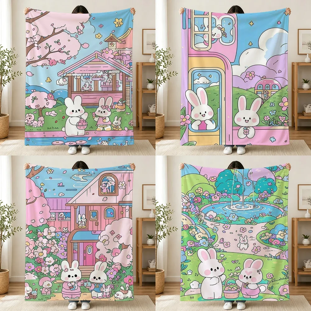 Cute Bunny Spring Garden Throw Blanket Cozy Plush Decor for Nursery Kids Room Baby Shower Gift  150x230cm