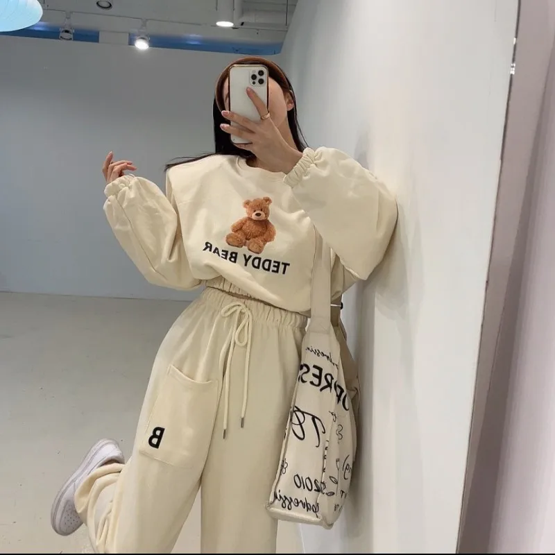 

Bear Sweatirt Set Women's round Ne ort Loose Waist Top Casual Spor Wide Leg Sweatpants Two Piece Set Cotton Spring