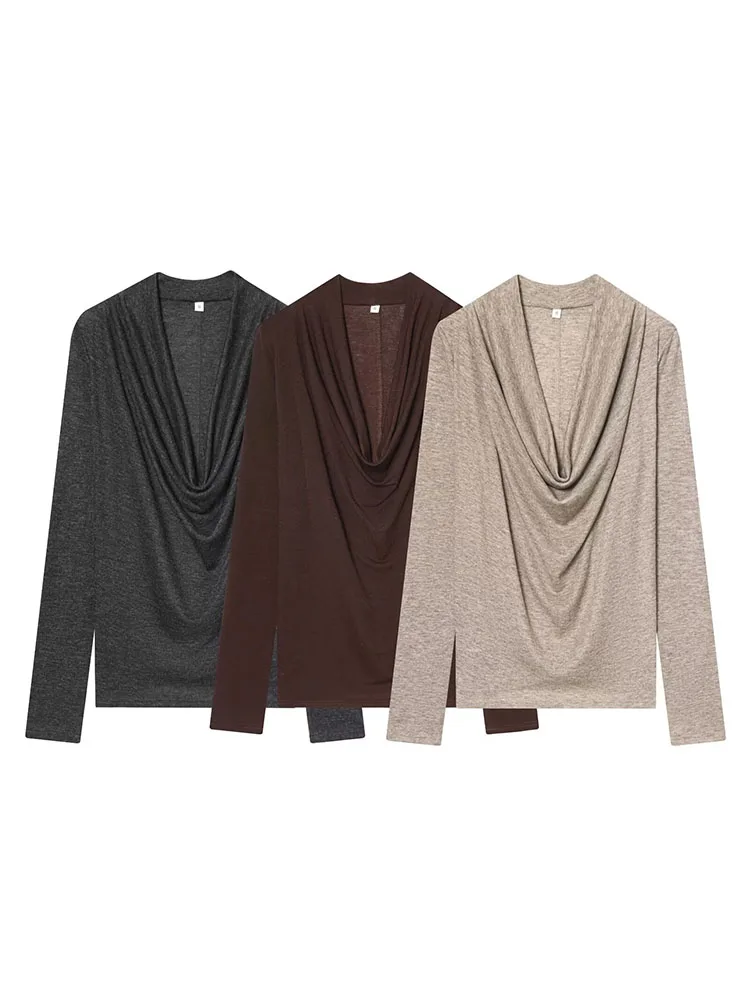 HH New Woman Autumn Fashion Swing Collar Draped Trim Solid Color Long Sleeves Inner Wear Tops Female Casual Versatile T-shirt
