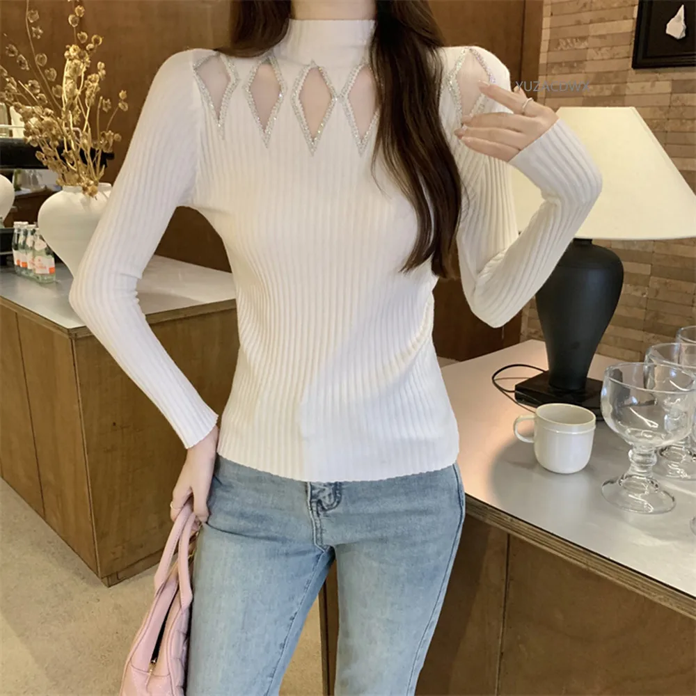 2000s Clothes y2k Long sleeve Nail Bead Knitting Hollow Out Sexy tops Women High Elasticity Diamond Inlaid Design Sweater Autumn