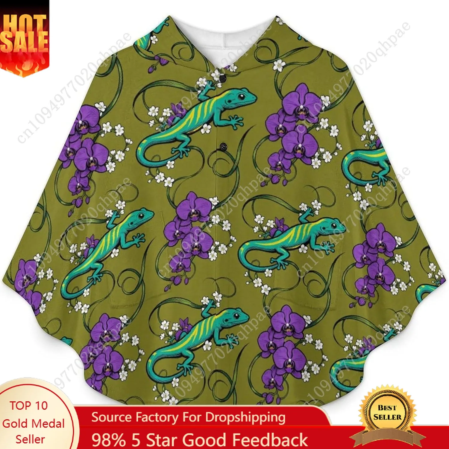 Cozy Flannel Blanket Sweater,Lizard Orchid Flower Oversized Hoodie With Pockets For Kids And Teenagers