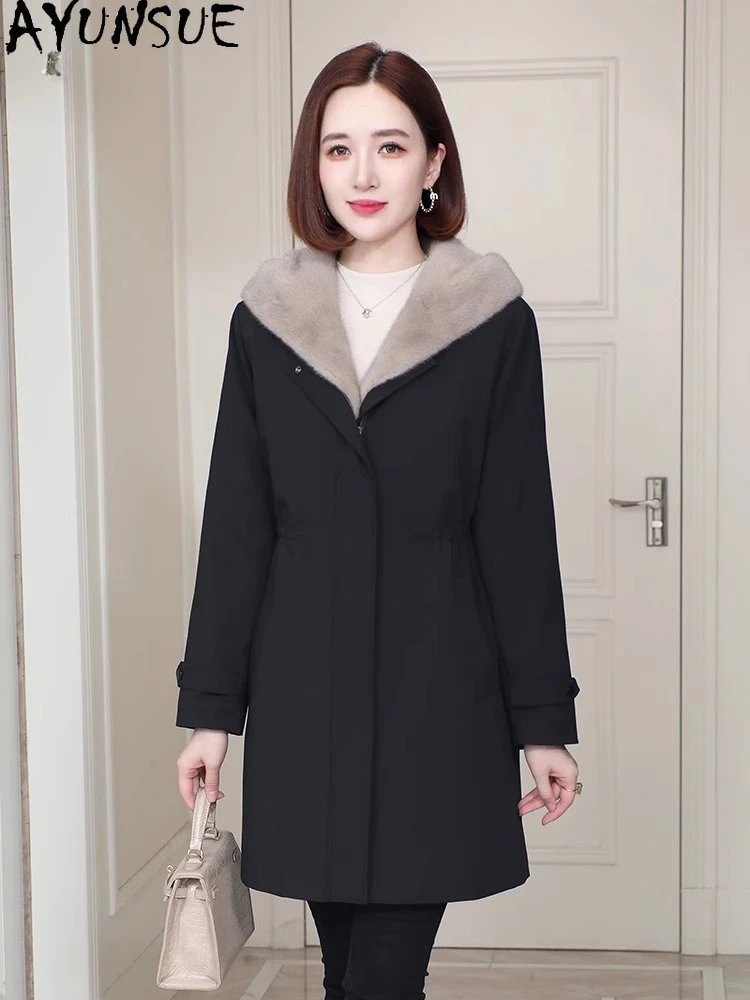 معطف فرو المنك الحقيقي من AYUNSUE للنساء 2025 ملابس شتوية متوسطة الطول بطانة سترة قابلة للفصل معطف فرو حقيقي معاطف نسائية