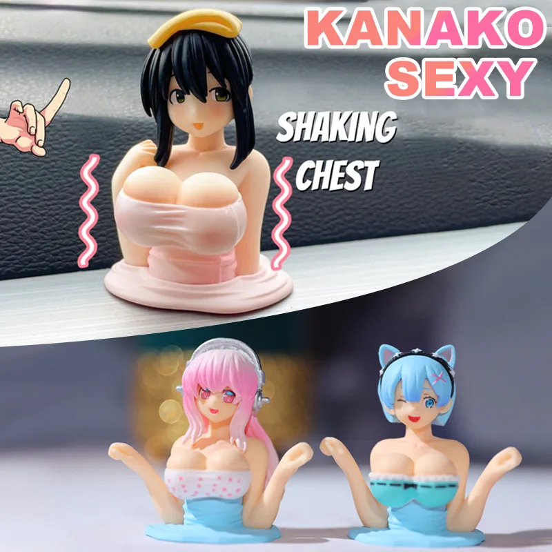 Sexy Kanako Chest Shaking Girls Car Ornaments Cartoon Kawaii Anime Statue Car Dashboard Sexy Doll Figurine Cute Car Decorations