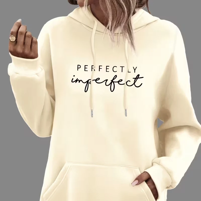 سويت شيرت نسائي بغطاء للرأس مطبوع عليه حروف مع جيوب الكنغر، غطاء رأس كاجوال برباط بأكمام طويلة، نسخة سميكة #4