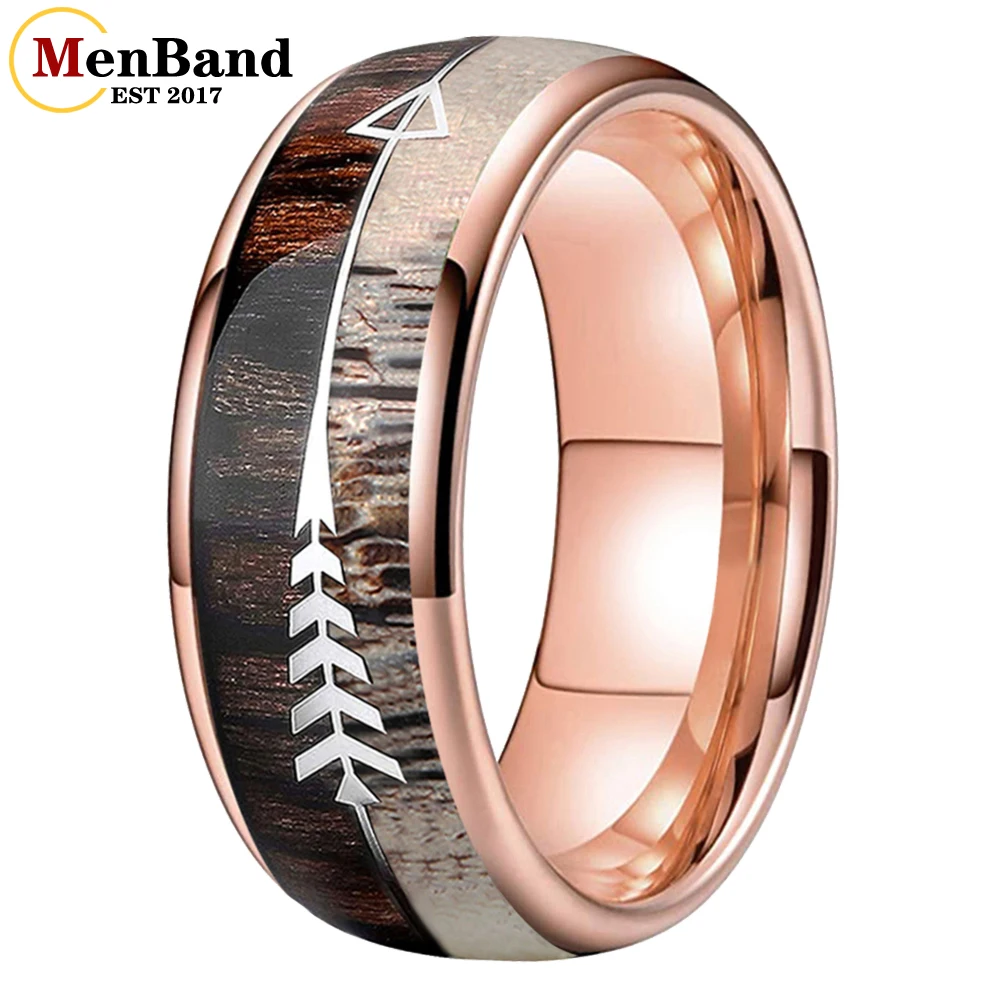 

MenBand Fashion 8MM Men Women Tungsten Wedding Band Rings Koa Zebra Wood Antler Steel Arrows Inlay Comfort Fit