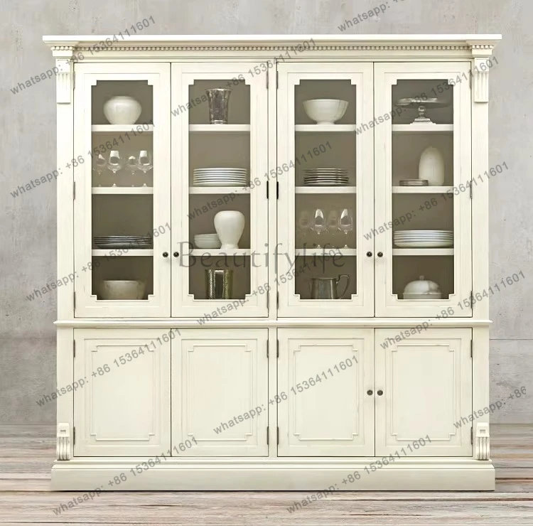 American solid wood dining side cabinet European French retro old oak storage simple four-door display cabinet