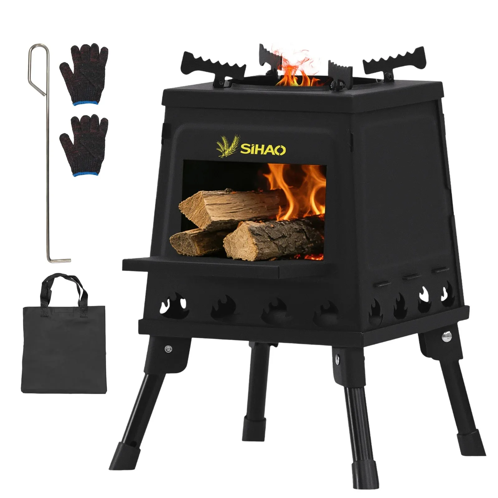Wood Burning Camping Wood Stove|SIHAO 220/300mm Carbon Steel Wood Stove, Camping Tent Stove with Hook & Gloves for Outdoor Cooking, Heating, Portable Campfire