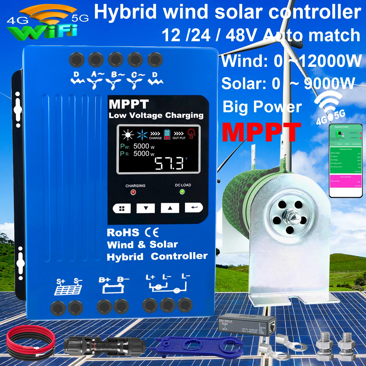 

8KW 10000W(Wind 5000W+Solar 5000W) 6000w 8000W WIFI MPPT Hybrid Controller 12V 24V 48V Auto With WIFI and Dump Load,LED Display