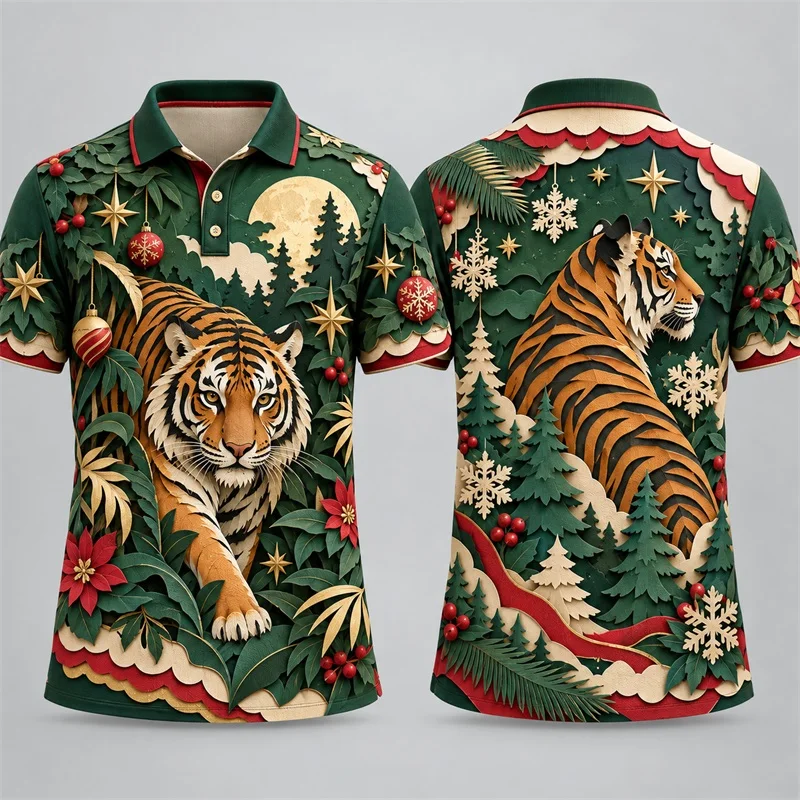 Men Christmas Steampunk Tiger Polo Shirt Gear Clock Vintage Town Snowflake Print Short Sleeve xmas polo Tops For Male