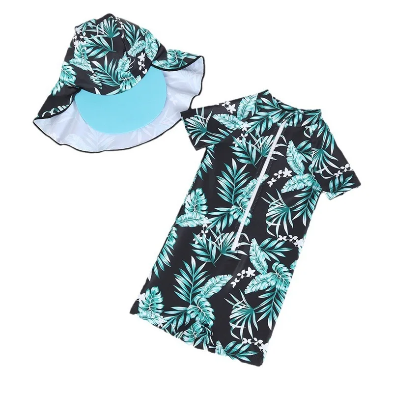 Baby Boys Swimsuit Short Sleeve Leaves Print Rash Guard Jumpsuit with Hat Summer Swimwear