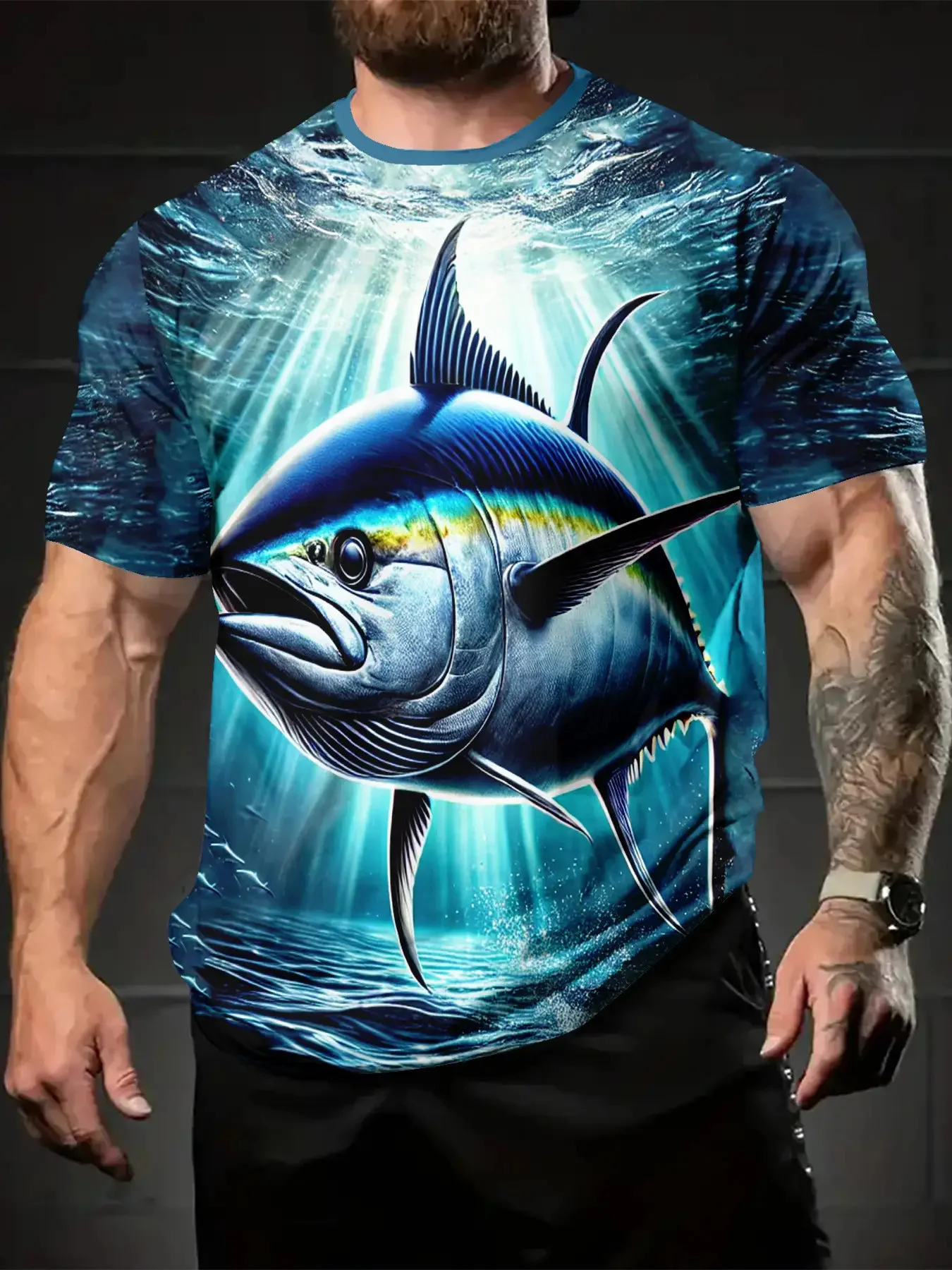 أكمام قصيرة لصيد الأسماك باللون الأسود للرجال، رسومات River Fish & Raptor، رقبة دائرية سريعة الجفاف وجيدة التهوية، ملابس كاجوال صيفية للاستخدام الخارجي