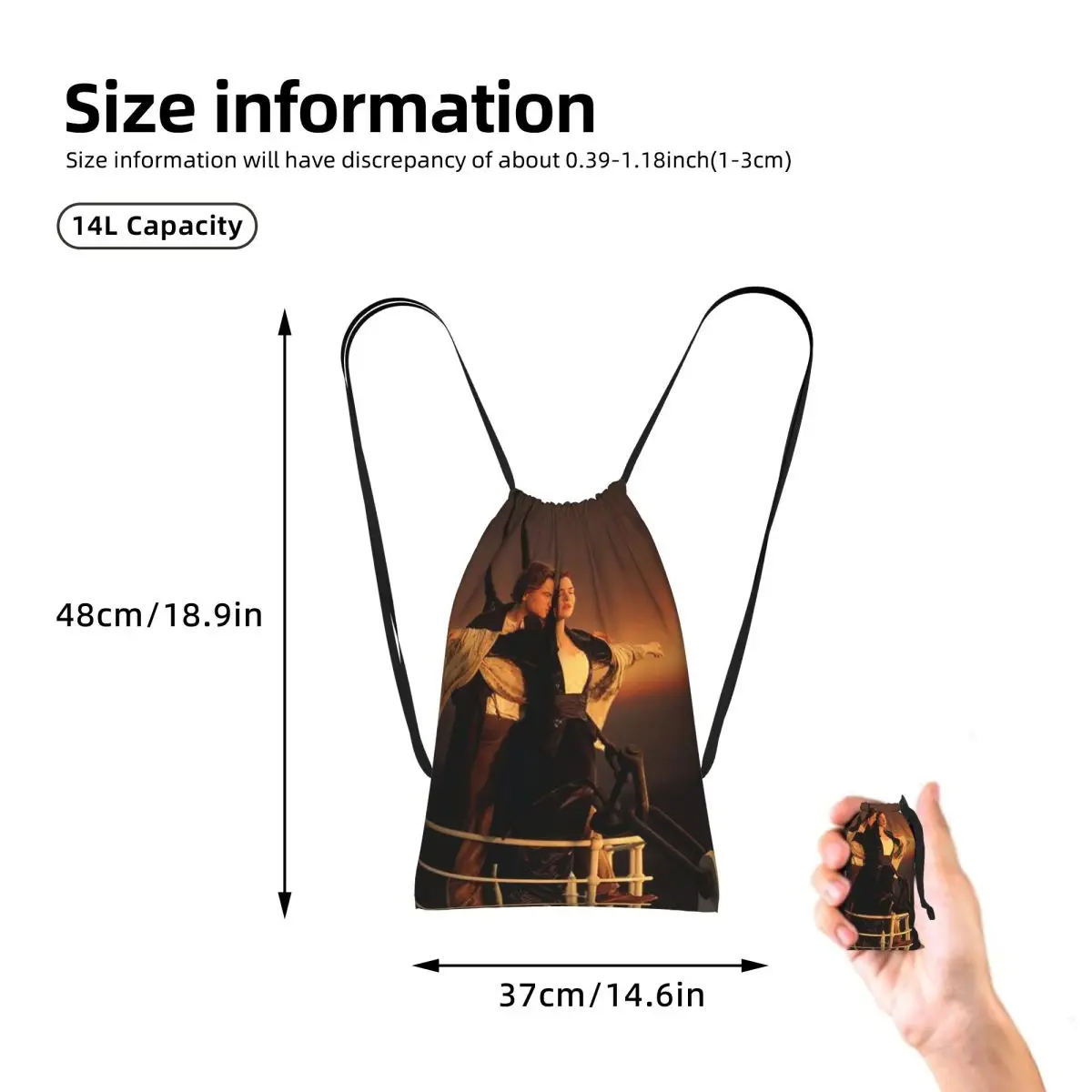 Titanic Jack And Rose Movie Drawstring Backpack hiking cycling Bag Portable Travel Drawstring Bag for Men Women