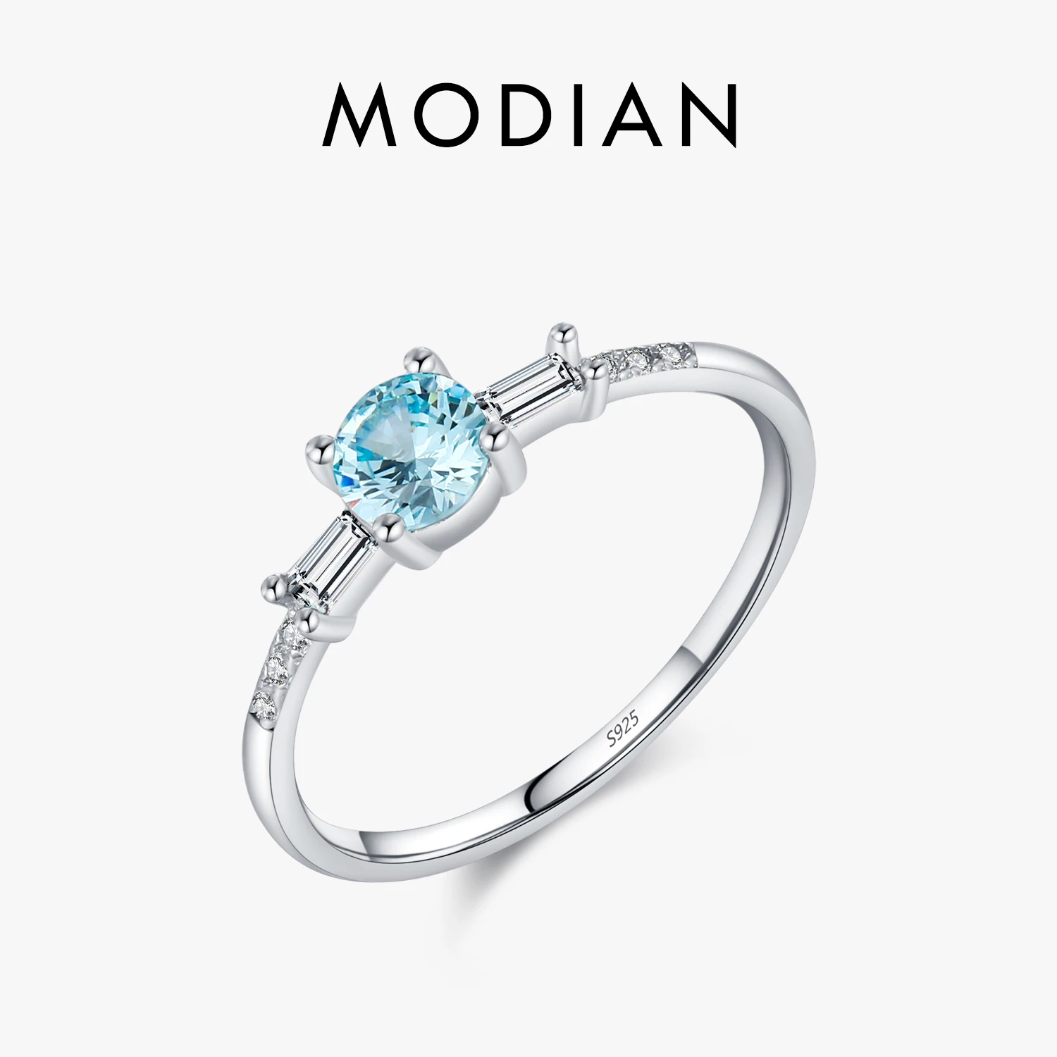 MODIAN 925 Sterling Silver Classic Round Light Blue Cubic Zirconia Pierścionki dla kobiet Rocznica ślubu Drobna biżuteria Prezenty