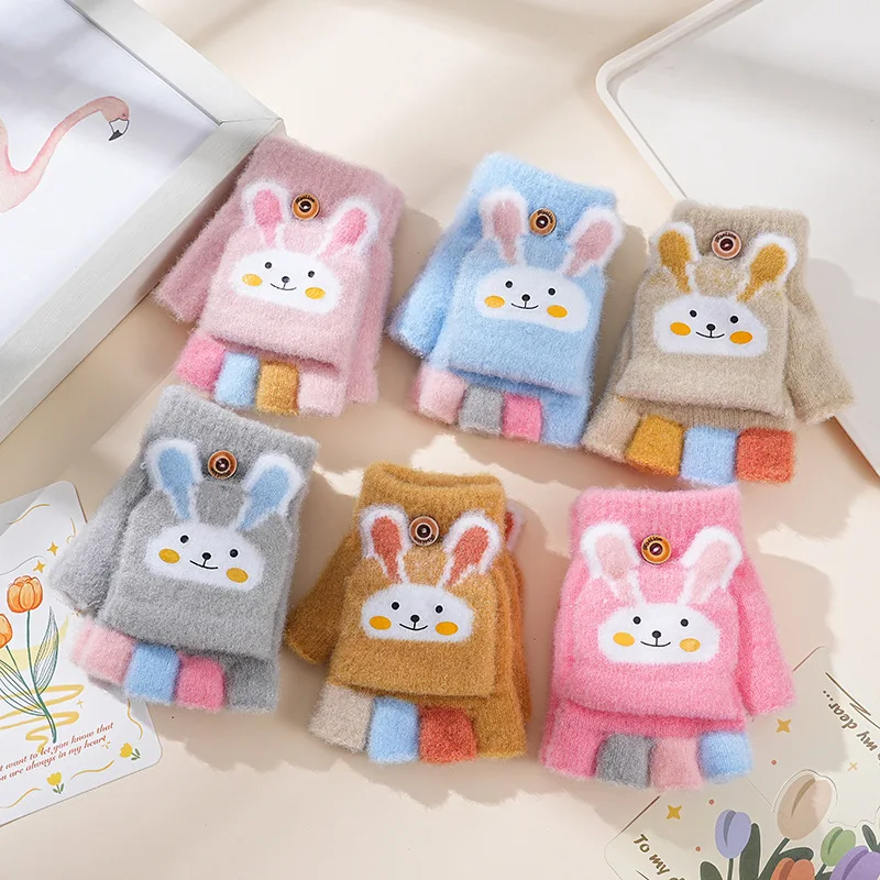 

Warm Winter Kids Gloves Cute Cartoon Rabbit Fingerless Mittens for Writing Children Gloves for School Boys Girls 5-12 Years