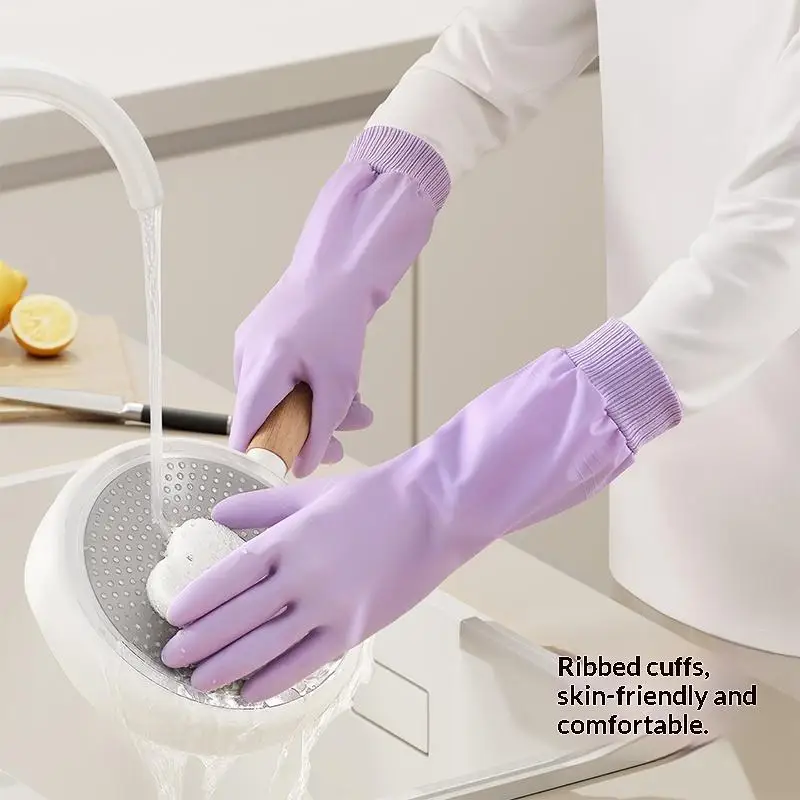 - 1 Pair Waterproof Dishwashing Gloves Tear-resistant Warm Fleece Cleaning Gloves Thickened Threaded Sleeve Cuff Laundry Gloves