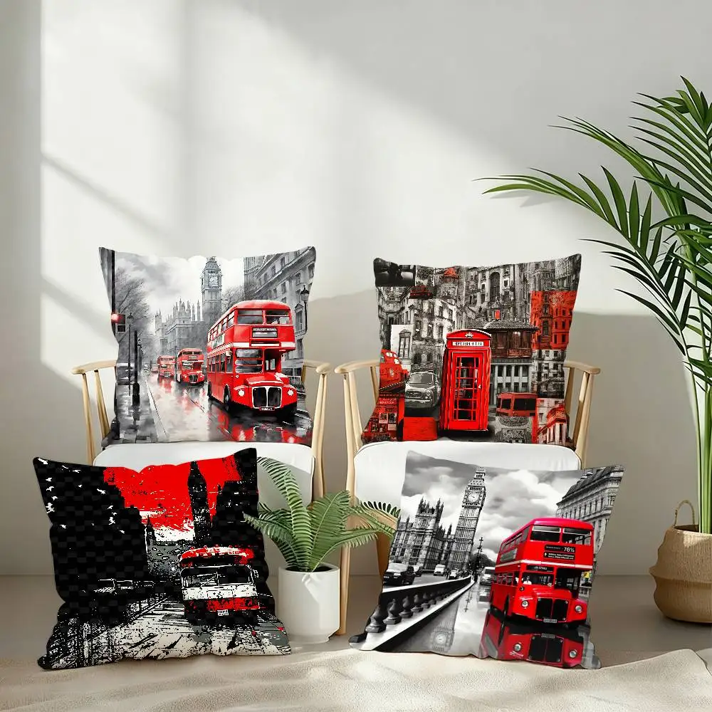 

London Red Bus Print Pillow Case Short Plush Double-sided Print Square Throw Pillow Covers Sofa Home Cushion Decor