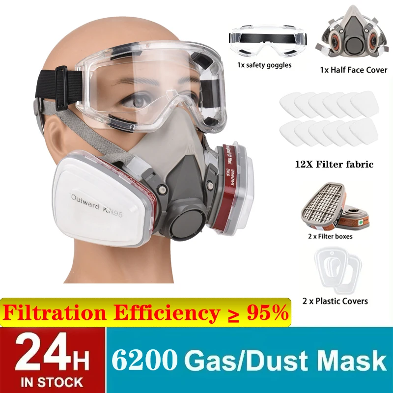 Respirateur à gaz anti-poussière, demi-masque facial, pulvérisé avec de la vapeur organique, filtre à gaz chimique, fonctionne en toute sécurité, nouveau, 18 en 1, 6200