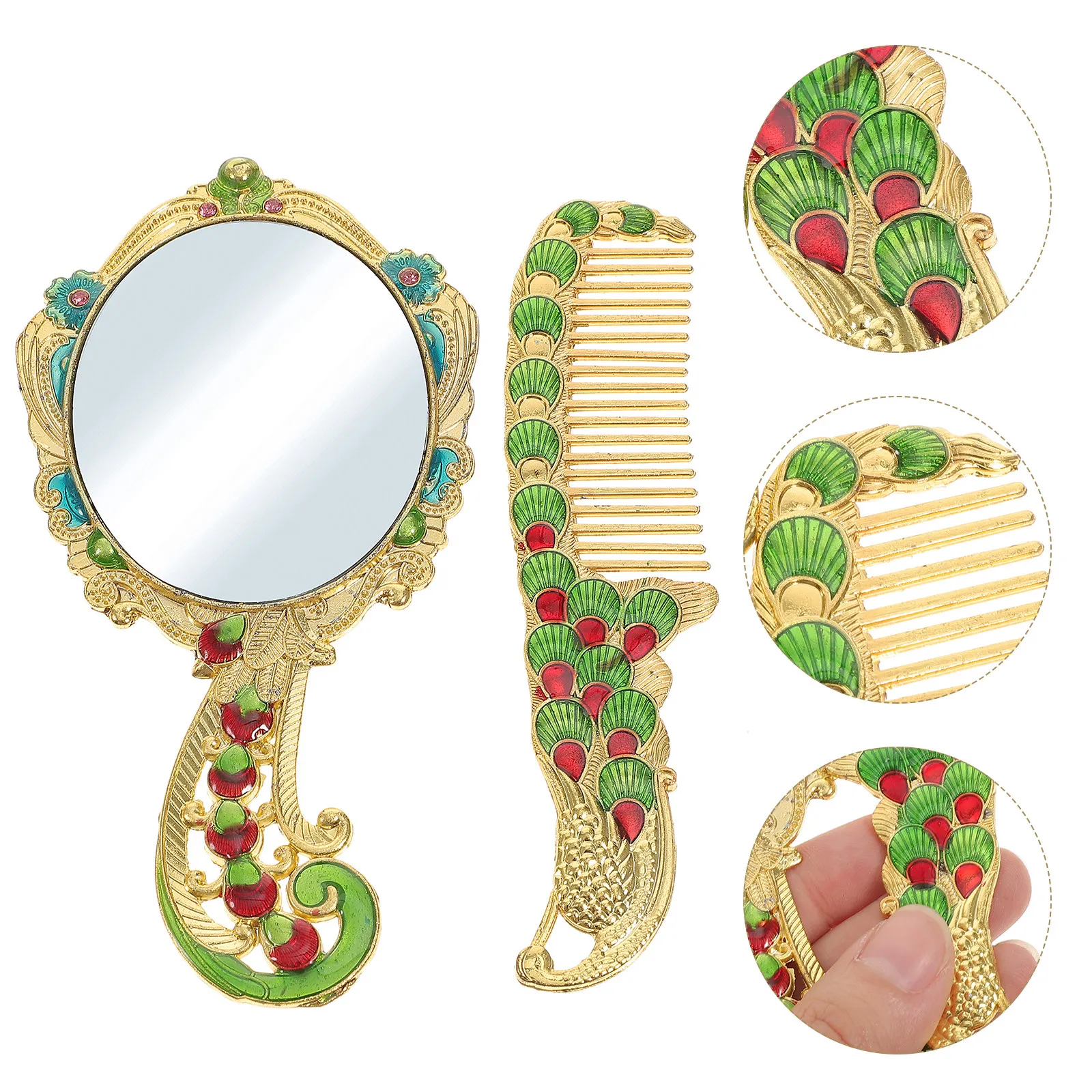 

2Pcs Metal Handle Makeup Mirror Vintage Handheld Mirror Set for Women Portable Hairdressing Combo Lightweight