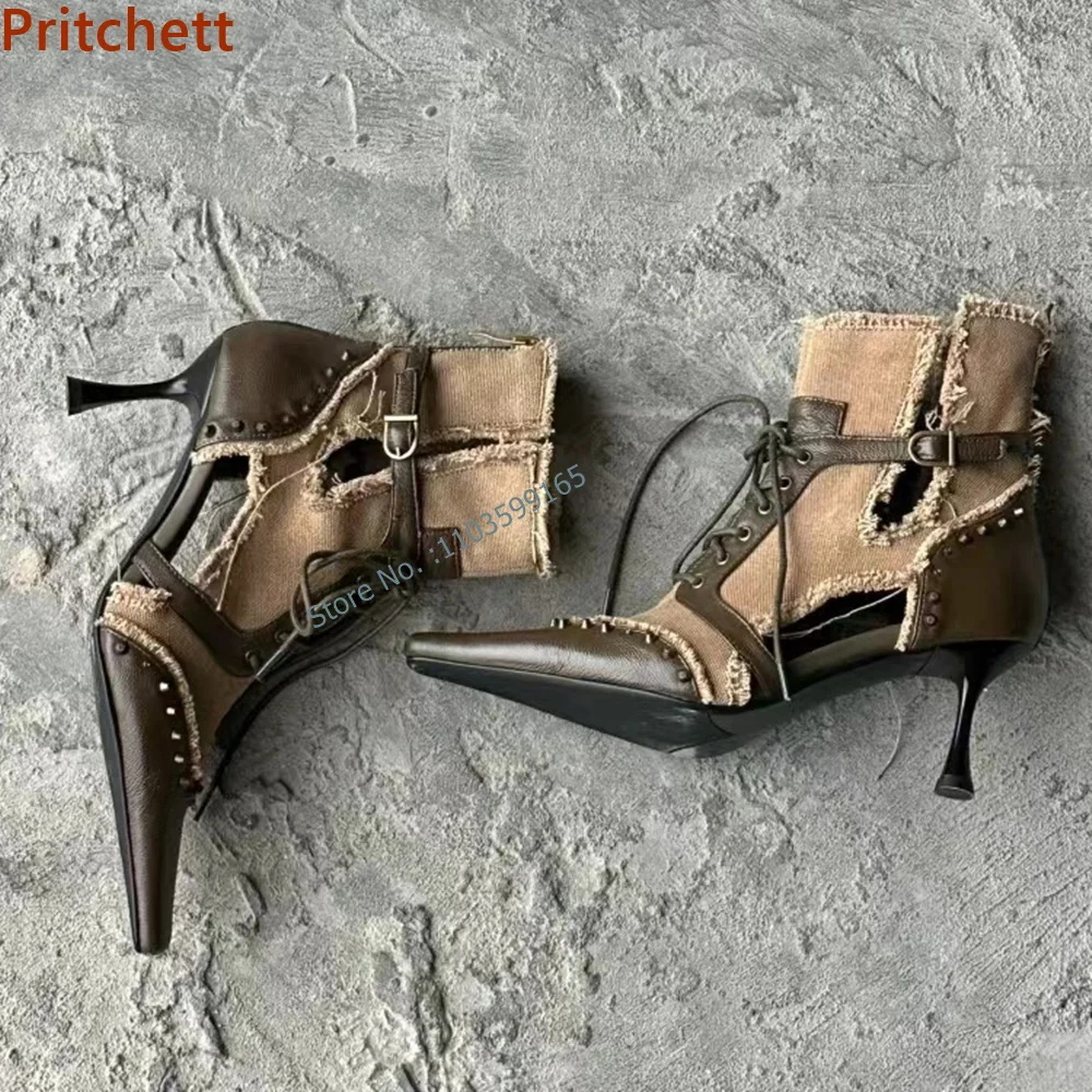 Rivet Hollow Patchwork Mid Calf Boots Kitten Heel Pointy Toe Lace Up Buckle Strap Mixed Color Boots Retro British Style Shoes